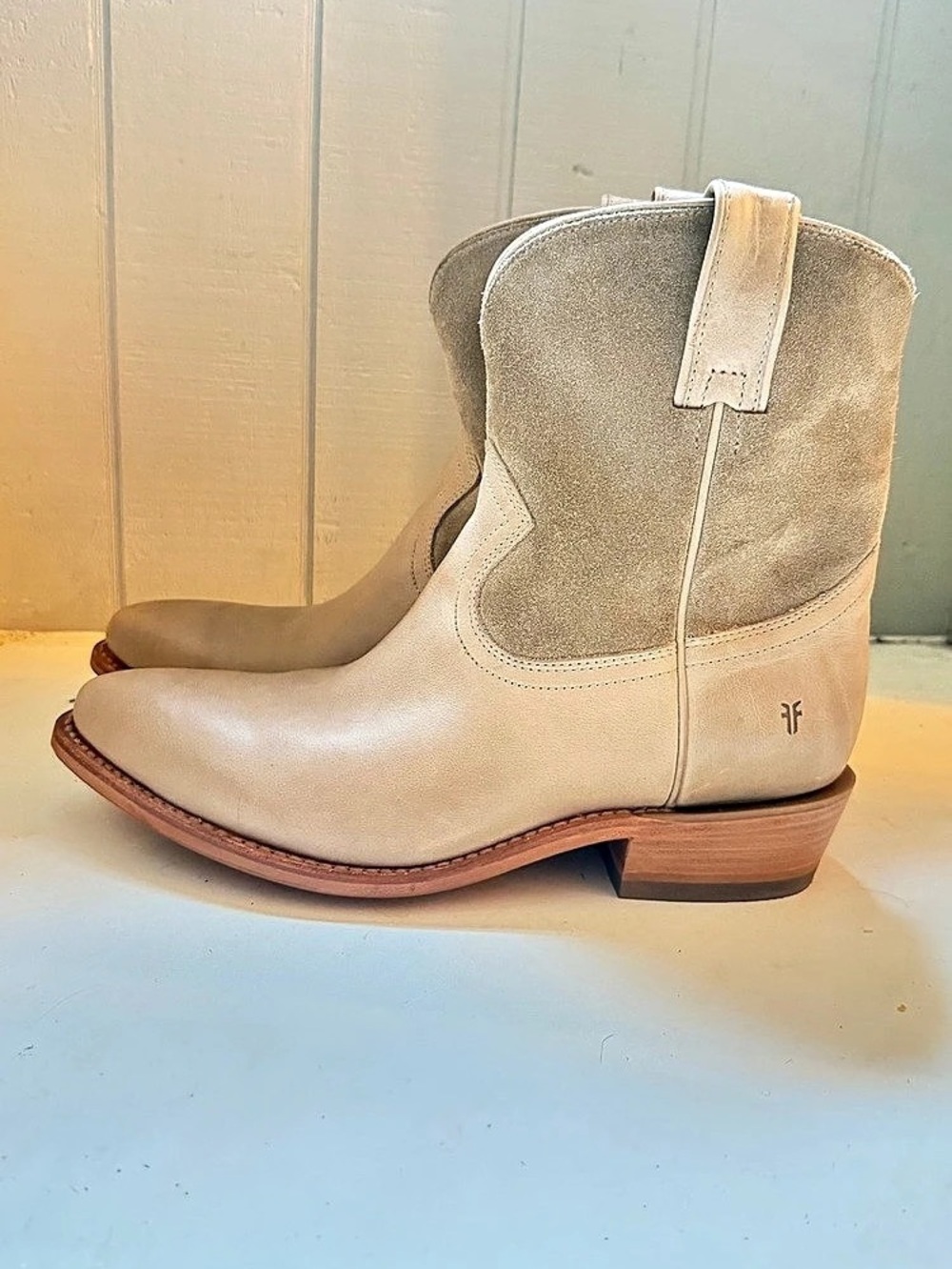 Frye Billy Short Western cowboy bootie in warm taupe leather & suede